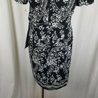 Vintage Talbots Black & White Floral Circle Vines Faux Wrap Dress Womens 14 New