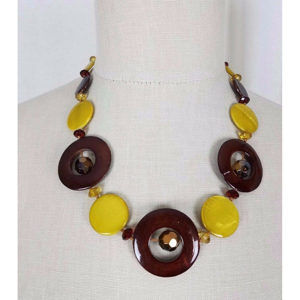 Yellow Brown Glass Circle Beads BEADED Bib NECKLACE Contemporary Statement Piece