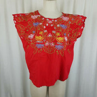 Monte's Embroideries Floral Tunic Blouse Womens L Batwing Short Sleeve Handmade