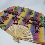 Vintage Bamboo Fabric Folding Fan Warriors on Horses Figural Scene w Landscape