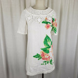 Vintage 50s Mini Mod Pixel Linen Crochet Bakelite Beaded Floral Womans Dress S