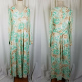 Vintage 70s Long Maxi Hawaiian Floral House Dress Womens 18 Green Tan Flowing