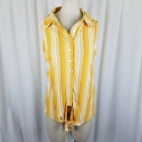 Rain Striped Sleeveless Button Up Tie Knot Waist Top Tunic Blouse Womens L White