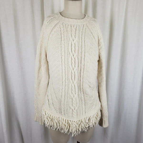 Banana Republic Fringe Hem Cable Knit Aran Sweater Womens L Hippie Boho Italian