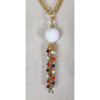 Vintage Faceted White Bead Beaded Tassel Pendant Necklace Gold Double Chain