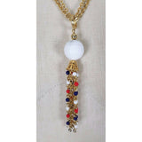 Vintage Faceted White Bead Beaded Tassel Pendant Necklace Gold Double Chain