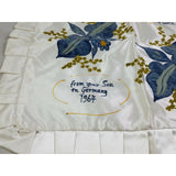 Vintage White Silk Satin Germany Mother Son Souvenir Pillow Cover Sham 1964 Blue