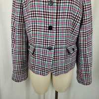 Talbots Houndstooth Plaid Wool Collarless Blazer Jacket Womens 16 Flap Pockets