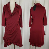 Matti Mamane Maroon Ruffled Ruched Faux Wrap Jersey Knit Dress Womens 2 M NWT