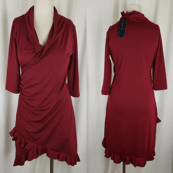 Matti Mamane Maroon Ruffled Ruched Faux Wrap Jersey Knit Dress Womens 2 M NWT