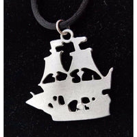 Tall Ship Pirate Pewter Silver Black Silk Cord Rope Necklace Large Pendant Charm