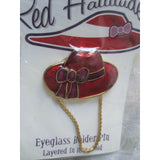 Red Hattitude Hat Society Eyeglass Holder Pin Brooch 18 kt Gold Finish with Bow