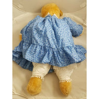 Vintage 1970s Plush Stuffed Blonde Teddy Bear in Blue Calico Dress Petticoat 26"
