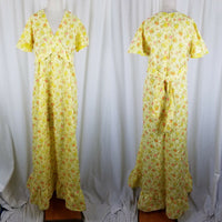 Vintage Flocked Floral Maxi Prairie Dress Long Ruffled Short Sleeve Womens M L