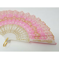 VINTAGE CHINESE Pink Fabric FAN White Plastic RIBS Gold Trim Asian China