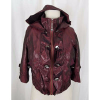 Char Char Califa LA Bling Hooded Ruffled Satin 3/4 Sleeve Bomber Jacket Womens L