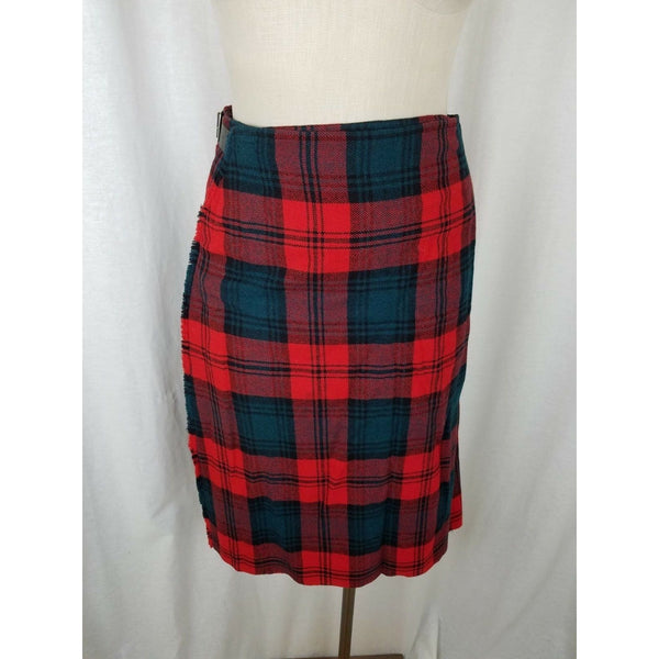 Vintage Belted Wool Tartan Scotch Plaid Kilt Wrap Skirt Womens S Red Buckles