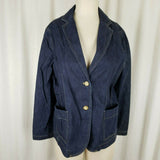 Lands End Dark Blue Jean Denim Blazer Style Jacket Womens L VNeck Apron Pockets