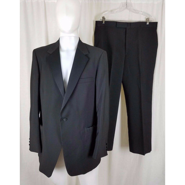 Vintage After Six Black Wool Flat Front 2 Piece Tuxedo Suit TUX Satin Mens 43R