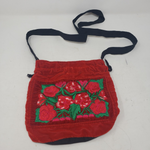 Vintage Topaca Red Velvet Embroidered Roses Shoulder Bag Cinch Drawstring Purse