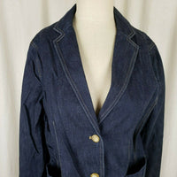 Lands End Dark Blue Jean Denim Blazer Style Jacket Womens L VNeck Apron Pockets