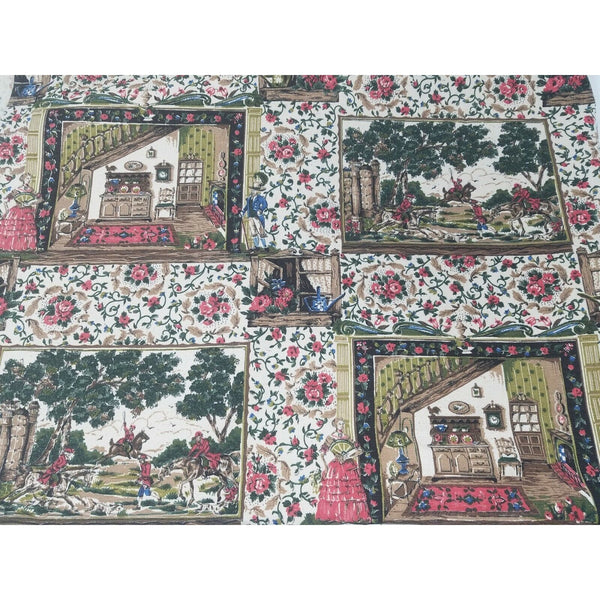 Vintage 70s European Colonial Fox Hunt Pictorial Home Scene Cotton Fabric 4+ yds