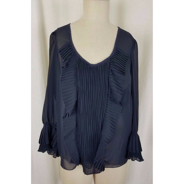 Nanette Lepore Navy Blue Ruffled Pleated Sheer Poet Tunic Blouse Womens 6 USA