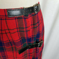 Red Wool Tartan Scotch Plaid Pleated Buckle Wrap Kilt Skirt Womens S Vintage Mid