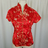 Traditional Asian Chinese Changshan Silk Top Shirt Blouse Womens L Red Floral