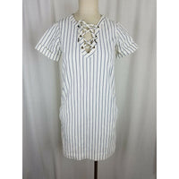 Madewell Harbor Lace up Shift Dress Ivory Blue Pinstriped Striped Womens 2XS XXS