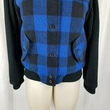 White Tiger Blue Buffalo Plaid Wool Bomber Jacket Womens M Black Knit Sleeves