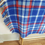 Vintage Blue Wool Plaid Fringed Throw Blanket Weighted Red 50x52 Picnic Stadium