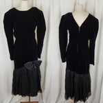 Vintage Samantha Black Velvet Lace Bow Tiered Dress Womens 12 Goth Madonna 80s