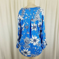 Poppi Blue 3/4 Sleeve Cinch Side Top Tunic Blouse Womens XL Large Floral Print