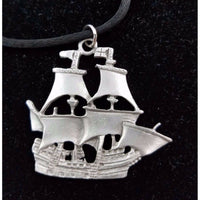 Tall Ship Pirate Pewter Silver Black Silk Cord Rope Necklace Large Pendant Charm