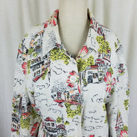 Coldwater Creek Linen Hawaiian City Scape Art To Wear Jacket Blazer Womens XL