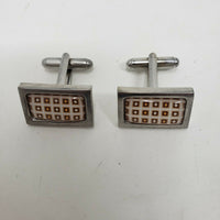 Brown & Silver Cufflinks Geometric Squares Dots Print Mid Century Modern MCM