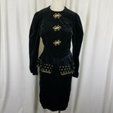Jan Briggs Black Velvet Peplum Dress Gold Embellishments Womens 12 Vintage 80s