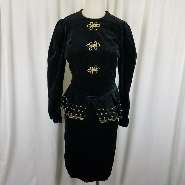 Jan Briggs Black Velvet Peplum Dress Gold Embellishments Womens 12 Vintage 80s
