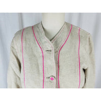 Sigrid Olsen Woven Tan Linen Cotton Pink Piped Button Up Jacket Blazer Womens 8