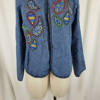 Serengeti Open Front Embroidered Paisley Denim Blue Jean Wrap Jacket Womens L
