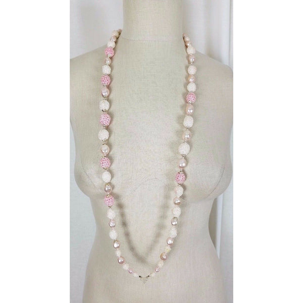 Strand Large Crochet Pink Beads Faux Pearl BEADED NECKLACE Vintage Contemporary