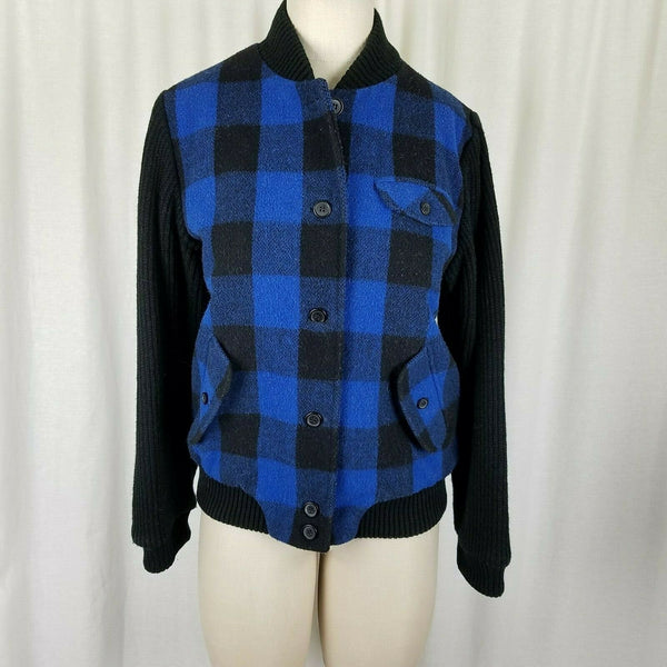 White Tiger Blue Buffalo Plaid Wool Bomber Jacket Womens M Black Knit Sleeves