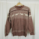 Vintage Castle Square Birdseye Reindeer Knit Sweater Mens L Christmas USA Brown