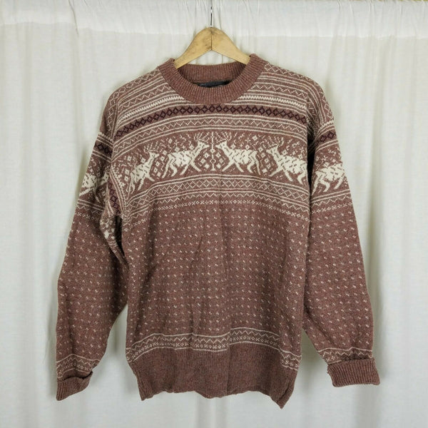 Vintage Castle Square Birdseye Reindeer Knit Sweater Mens L Christmas USA Brown