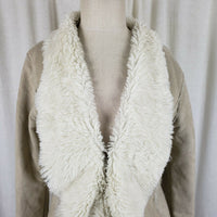 Mystree Vegan Faux Suede Sherpa Lined Drape Ruffled Swing Jacket Coat Womens S