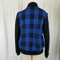 White Tiger Blue Buffalo Plaid Wool Bomber Jacket Womens M Black Knit Sleeves