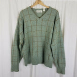 Vintage VNeck Wool Windowpane Plaid Pullover Knit Sweater Mens L Green Brown