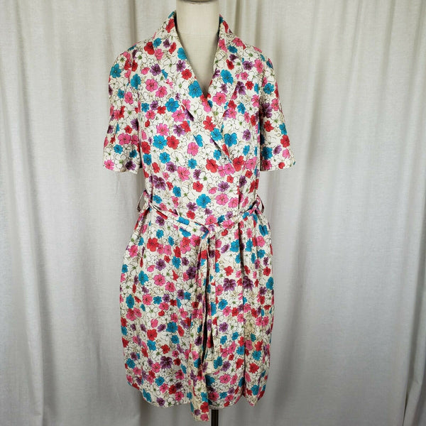 Vintage Handmade Wrap Dress Womens L XL Floral Cotton Belted Tie Shawl Collar