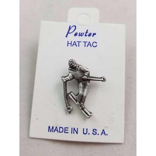 Pewter Downhill Skier Skiing Silver Metal Hat Tac Lapel Pin Tie Tack USA Jewelry